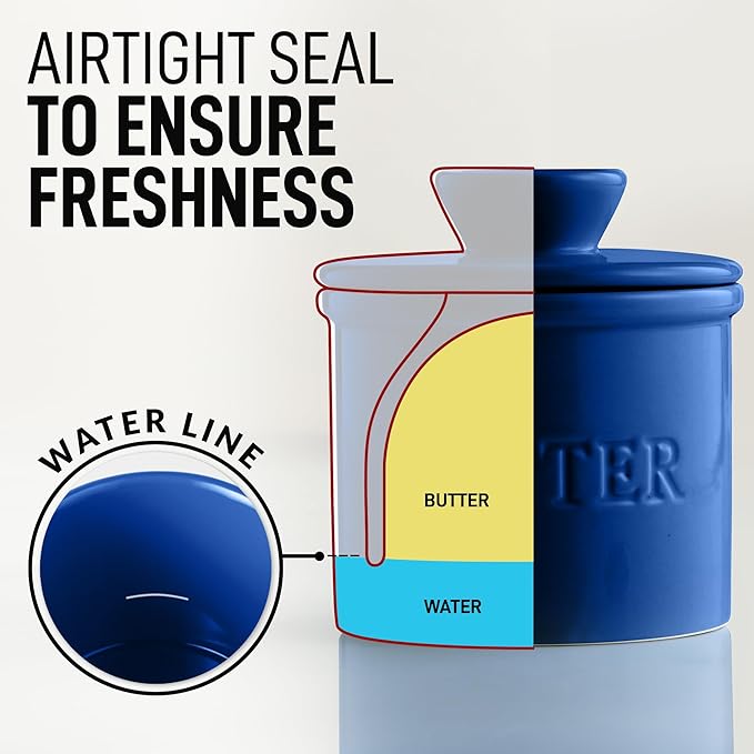 Zulay Kitchen Porcelain Butter Crock With Lid & Knife - Authentic French Butter Dish For Fresh & Spreadable Butter - Blue