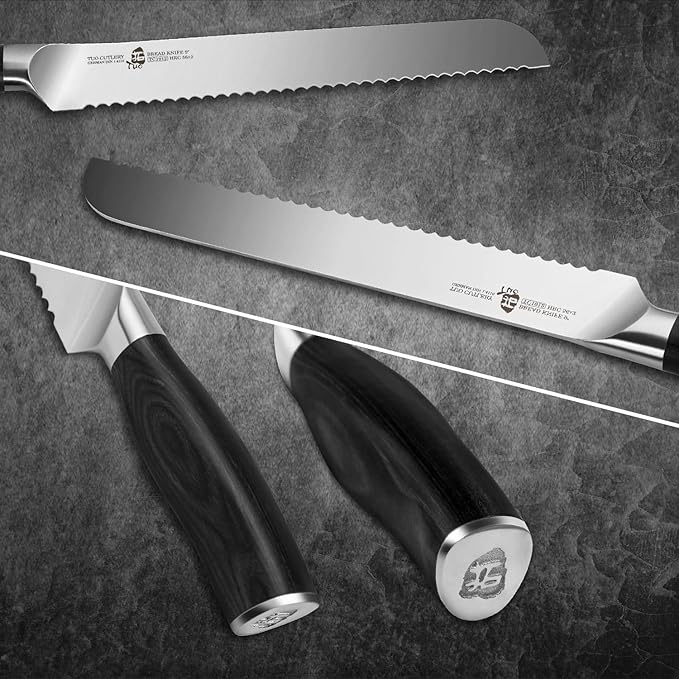 TUO Bread Knife, 9 inch Serrated Knife for Slicing Homemade Sourdough Bread,German HC Steel,Easy Grip Pakkawood Handle, Gift Box, Fiery Phoenix Series - Black