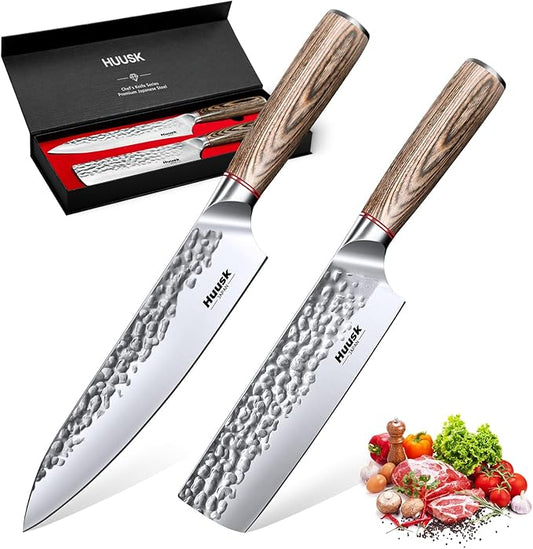 Huusk Japanese Kitchen Knife Set - 2-Piece Professional Chef Knives Set for Kitchen, Hand Forged Nakiri Vegetable Chopping Knife, Meat Cleaver Knife Set for Meat Cutting, Father's Day Gifts for Men