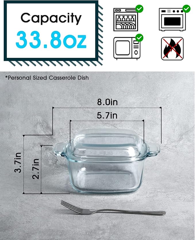 NUTRIUPS 1L Square Glass Casserole Dish with Lid, Mini Glass Casserole Cookware for Oven
