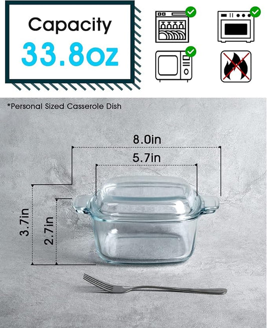 NUTRIUPS 1L Square Glass Casserole Dish with Lid, Mini Glass Casserole Cookware for Oven