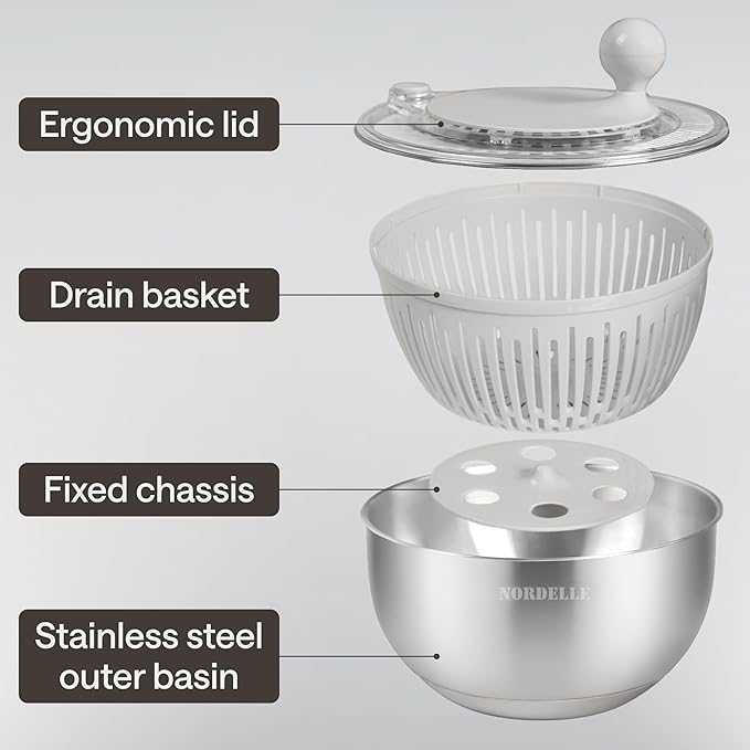 Stainless Steel Salad Spinner – Large Lettuce Dryer with Non-Slip Base & Instant Stop, BPA-Free Vegetable Washer, 5.3 Qt Cream White – Durable, Elegant & Premium