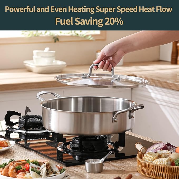 13-inch 8QT Tri-Ply Stainless Steel Sauté Pan | Large Deep Skillet with Lid | Even Heating+Jumbo Surface | Flared Edge Transfer | Non-Toxic 650°F Oven Safe