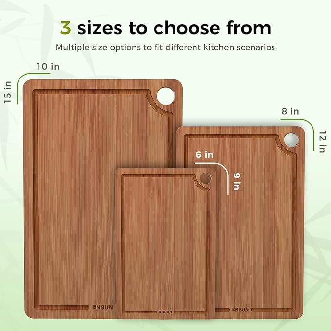 Bamboo Cutting Board for Kitchen, Wood Cutting Board 3 Piece Set with Non-Slip Mat Deep Juice Groove and Built-In Handles, Wooden Cutting Boards for Meat Vegetables Fruit for the Home