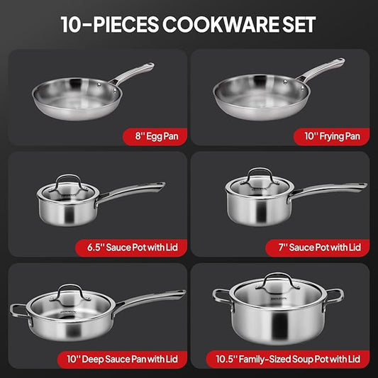 ROVSUN 10-Pcs Stainless Steel Cookware Set, Tri-Ply Pots and Pans Set with Lids, Full Clad Stainless Steel, Non-Toxic Kitchen Set, PFOA & PTFE Free, Compatible for All Cooktops