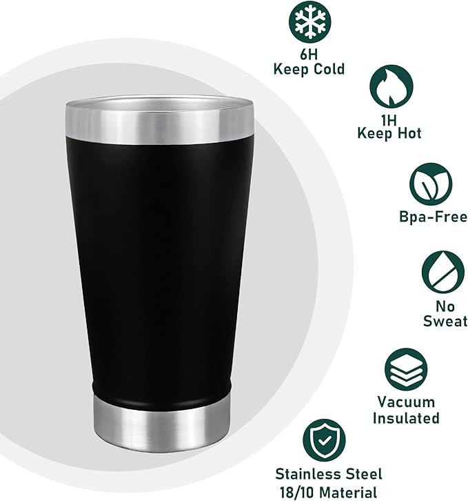 16 oz Insulated Beer Cup Set of 4, Outdoor Tumbler Stackable, Stainless Steel Double Walled Pint Glasses, Cold Mug for Beer, Black, Ideal for Wine Lover, Coffee