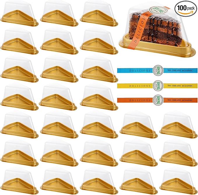 100Pcs Individual Cake Slice Containers, Pie Slice Containers Disposable, Cheesecake Container with Lid Sticker and Fork, Clear Triangle Cake Boxes for Pies Snack Dessert, Gold