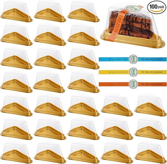 100Pcs Individual Cake Slice Containers, Pie Slice Containers Disposable, Cheesecake Container with Lid Sticker and Fork, Clear Triangle Cake Boxes for Pies Snack Dessert, Gold