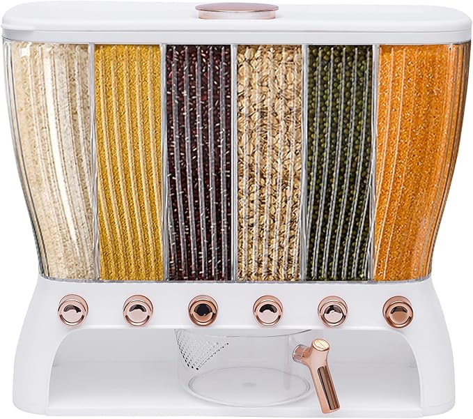 6 Grids Dry Food Dispenser Grain Rice Storage Dispenser with Measuring Cup, 22lbs Sealed Storage Tank for Home Kitchen, Detachable Partition