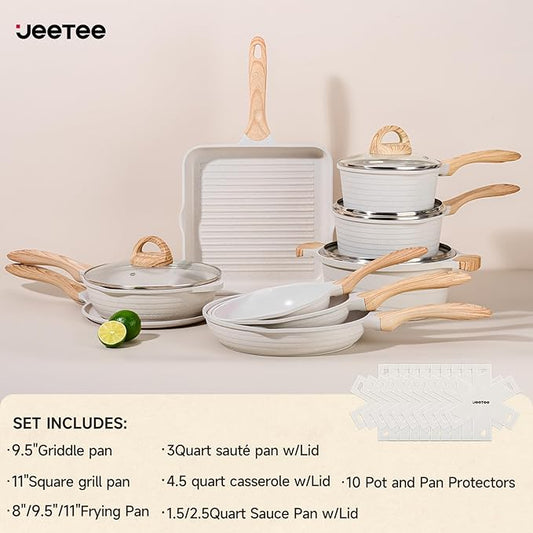 JEETEE 23pcs Pots and Pans Set Non Stick, White Cookware Sets for Kitchen, w/Frying Pans, Saucepans, Sauté & Griddle & Crepe Pan, Induction Cooking Pots (PFOA/PFAS/PFOS Free)