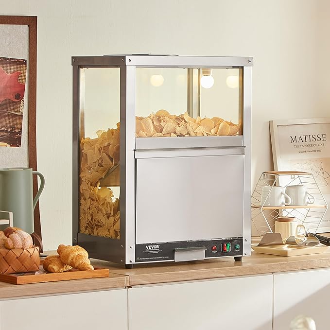 VEVOR Nacho Chip Warmer, 84.5QT Stainless Steel Machine with Warming Light, Deflection Board, for Popcorn, Potato Chips, Peanuts