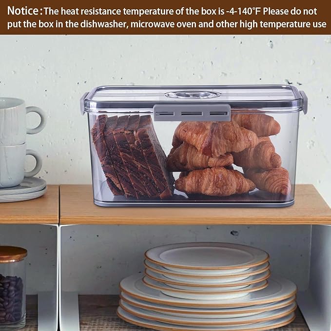 Bread Box Bread Boxes for Kitchen Counter Airtight, Time Recording Bread Storage Container with Lid, Bread Keeper for Homemade Bread, Toast, Bagel, Donut and Cookies, Grey