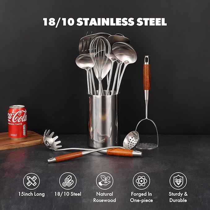 18/10 Stainless Steel Kitchen Utensils Set with Wooden Handle - 14 PCS Metal Cooking Tools & Serving Utensil, Large and Small Spoons Set - Whisk, Masher, Fork, Spatula, Turner, Ladle, Skimmer, Pasta