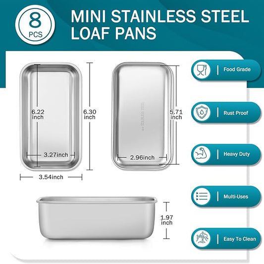 TeamFar Mini Loaf Pan, 8 PCS Stainless Steel Loaf Pans for Baking Bread, 6.3 x 3.5 Inch Bread Baking Pan for Homemade Bread, Meatloaf, Cake and Brownies, Non-Toxic, Oven & Dishwasher Safe
