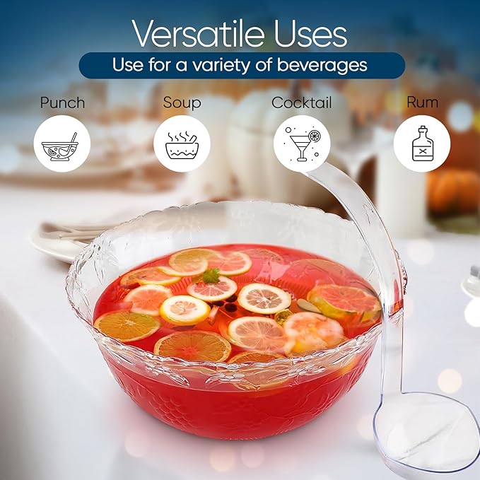 Premium Large Clear Punch Bowl Plastic Lightweight 2 Gallon with Clear Plastic Serving Ladle 5 oz Embroidered Design 8 Quart Serving Bowl