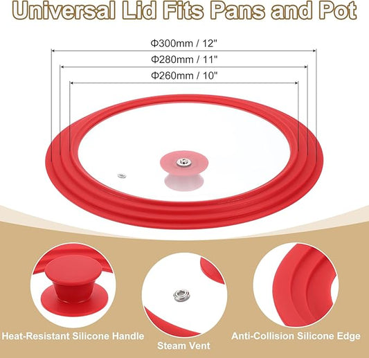 uxcell 1Pcs Universal Lid for Pot Fit 10, 11, 12 Inch Diameter Cookware, Replacement Pan Lids with Heat Resistant Silicone Rim, Steam Vent Pan Lid for Pots, Frying Pans, Skillets, Red