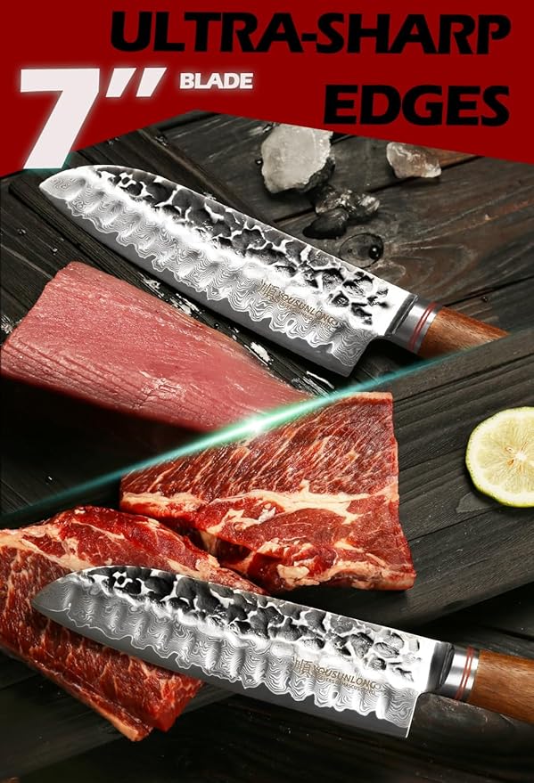 YOUSUNLONG Santoku Knives 7 inch Professional Chef Knife Asian knife Japanese Hammered Damascus Steel Natural Walnut Wooden Handle