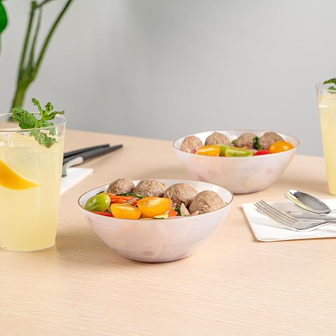 Restaurantware Plastic Bowls 20 Pcs 16 oz Gold Rimmed Disposable Soup Bowls Heavy-Duty White Translucent Rippled Dinnerware Containers for Party, Desserts, Salads, Snacks, and Catering