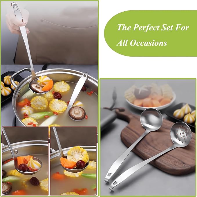 Stainless Steel Soup Ladle,Serving Ladle Scoop And Slotted Spoon Set Of 2 with Hook and Hole for Easy Hanging,Cooking Utensils Set for Kitchen
