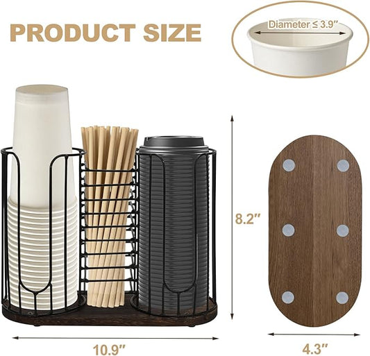 3-Compartment 18oz Coffee Cup Dispenser Rack with Wood Base, Disposable Cup, and Lid Organizer for Countertop - Perfect for Paper Cups, Straws, and Kitchen Cabinet Storage