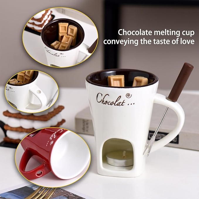 Multi functional ceramic chocolate hot pot cup set,fondue cup, portable and easy to use, suitable for candle heating, creative dessert tools, with fork Selection (white)