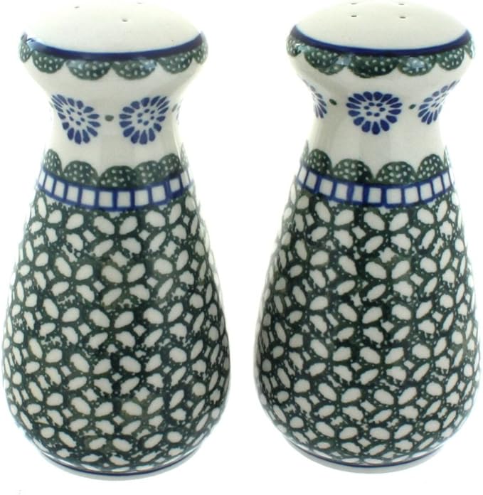 Blue Rose Polish Pottery - Green Maia Large Salt & Pepper Shakers - 6" Tall - Hand-Painted Ceramic Seasoning Set for Table & Kitchen