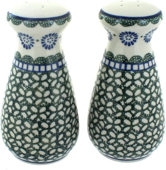 Blue Rose Polish Pottery - Green Maia Large Salt & Pepper Shakers - 6" Tall - Hand-Painted Ceramic Seasoning Set for Table & Kitchen