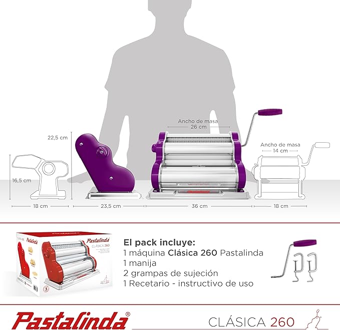 PASTALINDA Classic 260 Pasta Maker Machine, 26 cm Wide Rollers, 9 Thickness Positions, 2 Cutting Positions, Stainless Steel. Includes Reinforced Hand Crank And Two Clamps (Violet)