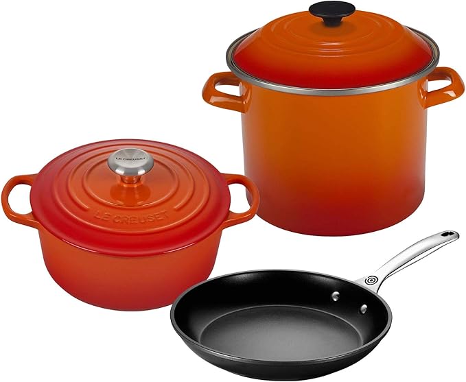 Le Creuset 5-Piece Oven & Stovetop Cookware Bundle - 4.5QT Round Dutch Oven, 8QT Covered Stockpot, 10" Toughened Nonstick Pro Fry Pan - Flame