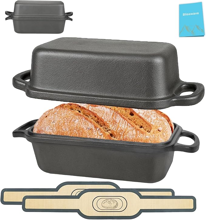 Cast Iron Bread Pan with Lid, Cast Iron Bread Loaf Pan with 2 Silicone Bread Mats, Sourdough Loaf Pan with Lid, Heavy Duty Loaf Pans for Oven Baking Bread, Bread Pans for Homemade Bread(Black)