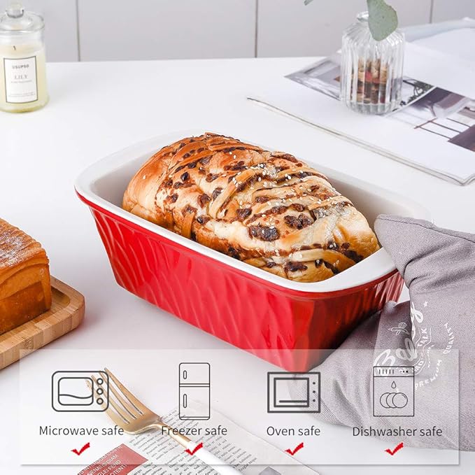 Ceramic Loaf Pan for Baking Bread, 9 x 5 inch Bread Pan, Rectangular Bread Loaf Pan, Ceramic Bakeware for Cooking, Home Kitchen, Bread Baking Pan Texture Series (Red)