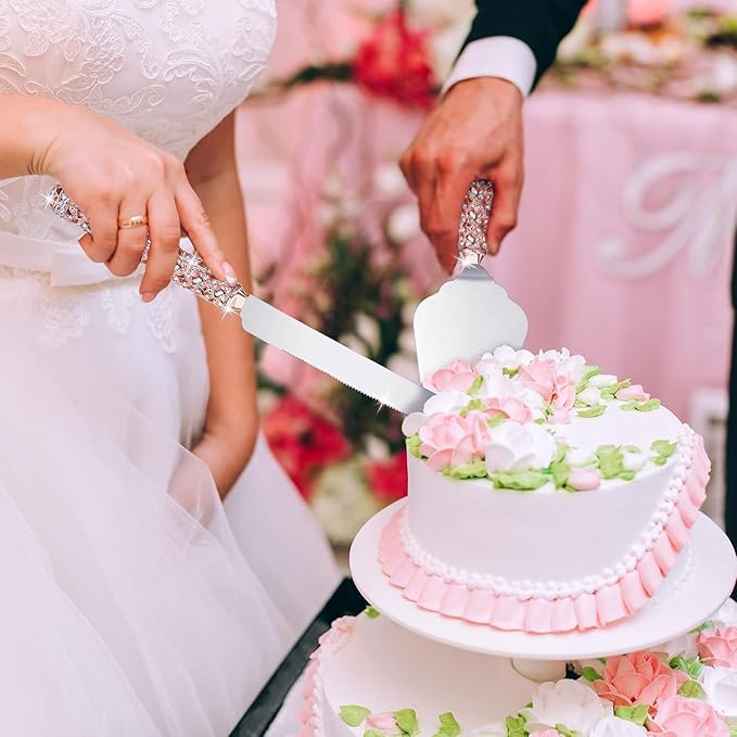 4-Piece Wedding Cake Knife and Champagne Flutes Set, Crystal Rhinestone Glasses and Cake Cutting Server for Bride and Groom Wedding Reception or Anniversary (Gold, Elegant Design) (Rose Gold)