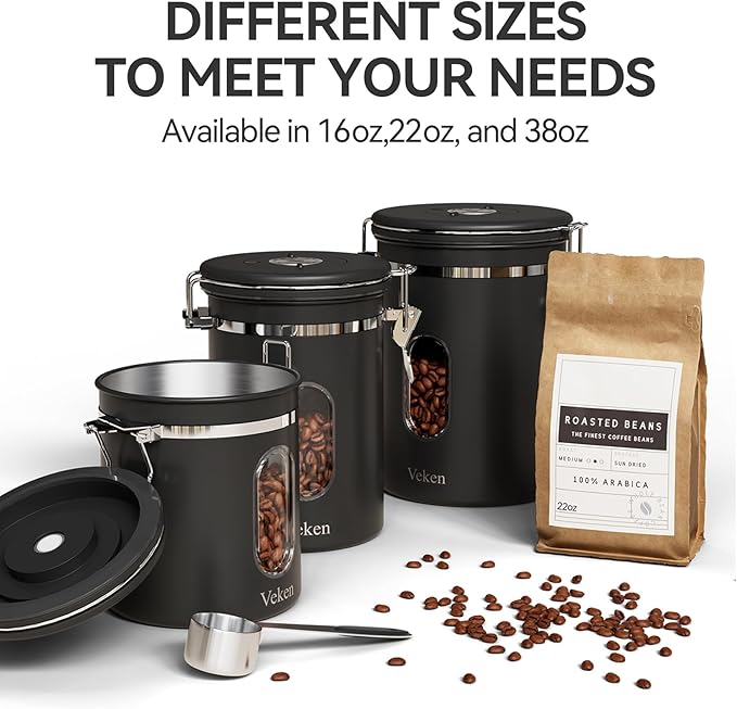 Veken Coffee Canister with Window,Airtight Stainless Steel Container,Home Kitchen Food Storage Organizers for Grounds,Beans,Espresso,Rice,Tea,Sugar,Cereal, Flour,Scoop,Bar Accessories,Gifts,22OZ,Black
