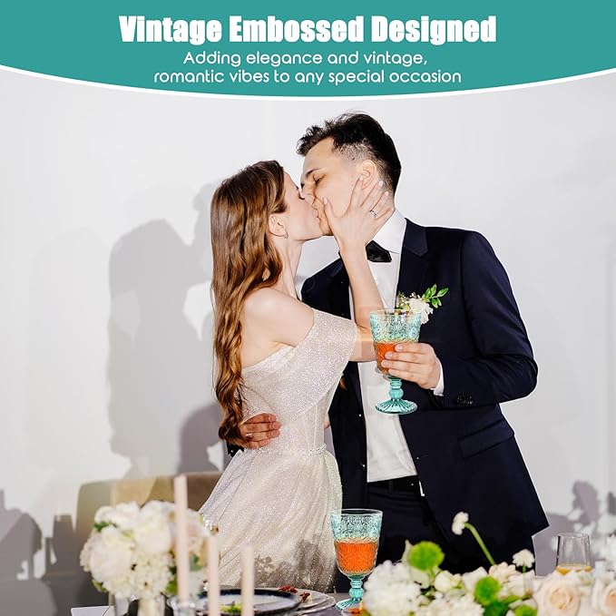 Eaasty Wine Glasses Set of 12 Vintage Goblet 9 oz Vintage Colored Glass Goblet Beverage Stemmed Glass Cups Romantic Embossed Glassware for Wedding Party Holidays Anniversary (Blue)