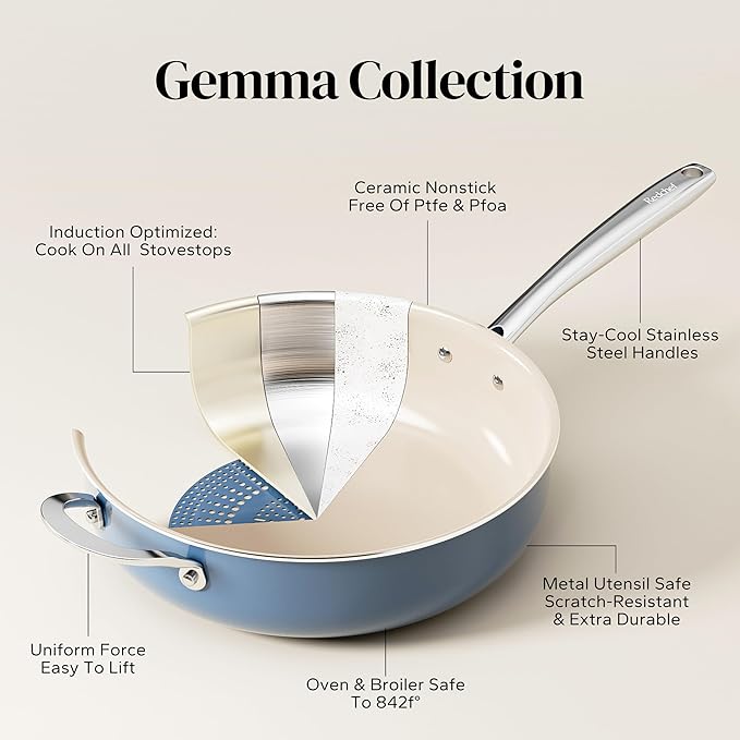 Redchef Ceramic Saute Pan with Lid, Nonstick Deep Frying Pan, 5QT Jumbo Cooker with Helper Handle & Lid, Non Toxic Ceramic Cooking Pan, Chef Pan, Dishwasher & Oven Safe, PFAS PFOA & PTFE Free(Blue)