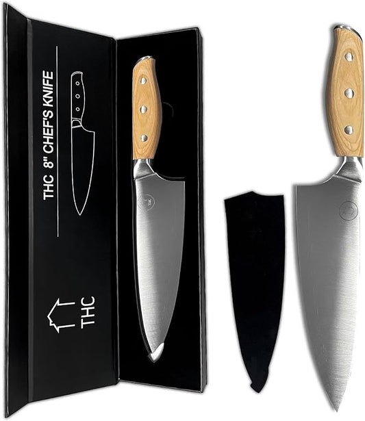 THC 8 Inch Chef Knife - Professional German High Carbon Stainless Steel Kitchen Knife with Ergonomic Pakka Wood Handle - Full Tang Design for Precision Cutting - Durable Chef’s Knife with Gift Box