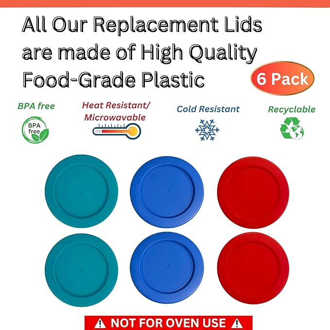 2 Cup/470 mL Turquoise, Blue, Red Replacement Lids/Covers for Pyrex 7200-PC, 16oz Anchor Hocking & Klare Ware Storage Bowls *Lids Only* - *Glass Container Not Included* (6 Pack, Turquoise/Blue/Red)