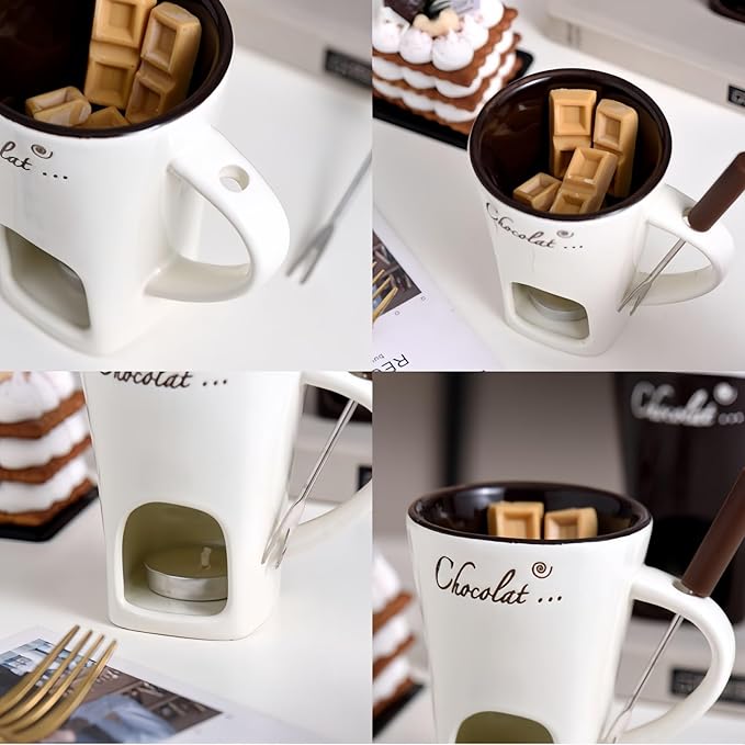 Sweet Fondue Cup,Chocolate Melting Fondue Mugs Set,Chocolate Melting Pot,Fondue Cups With Forks For Date Night Birthday Wedding Gifts (Brown)
