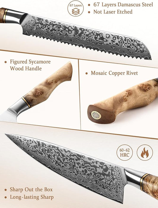 HEZHEN Damascus Kitchen Knives Set, Damascus Steel Japanese Style Chef Knife Utility Knife Santoku Knife,Figured Sycamore Wood Handle