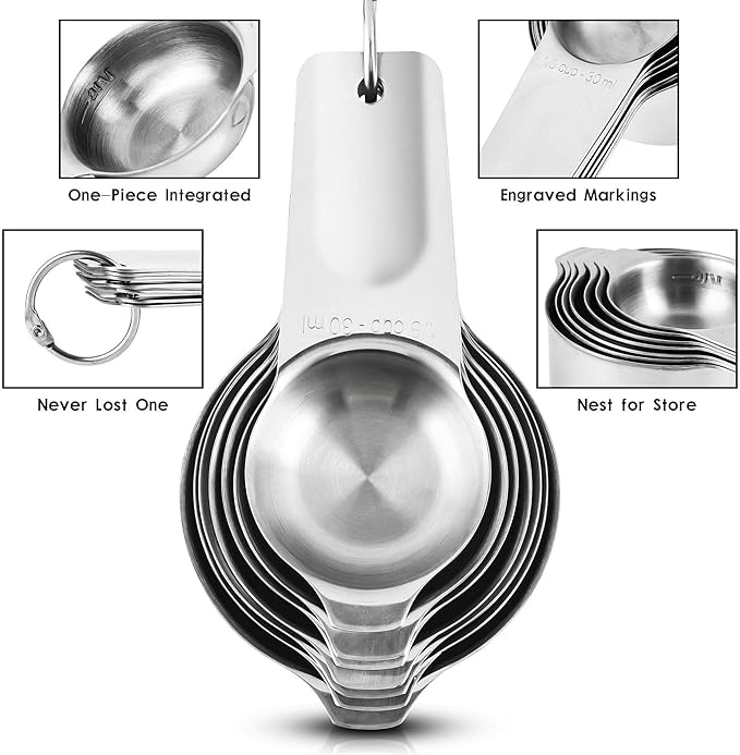 Measuring Cups Set, 18/8 Stainless Steel Measuring Cups Set of 7 for Drying & Liquid, Metric & US Nesting Measuring Tools for Kitchen & Baking