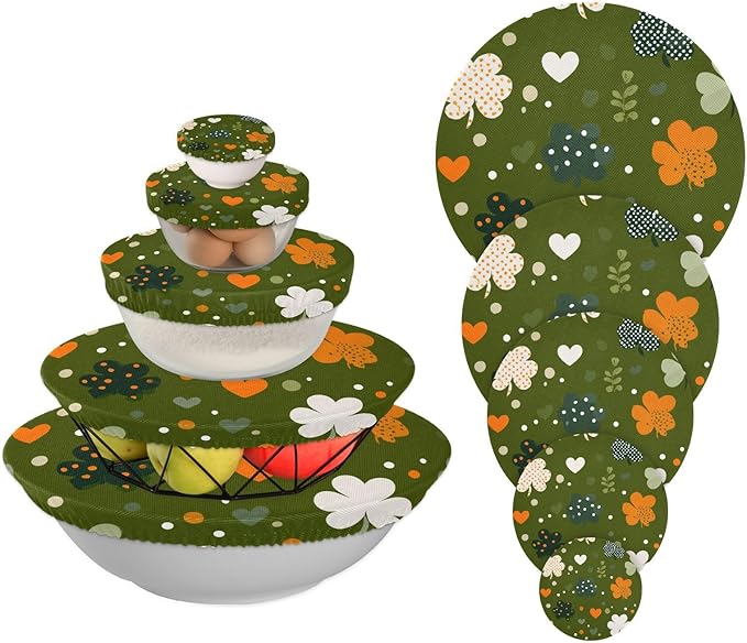 5 Pcs Bowl Covers Reusable in 5 Size Elastic Food Cover Cloth Lids Fresh Keeping Dish Cookware Bakeware Fabric Covers Lids for Food Leftovers Fruits Storage Dark Green Shamrocks Hearts Dots