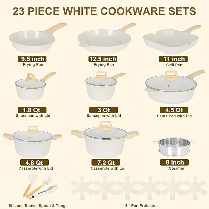 Romswi 23pcs Pots and Pans Set Non Stick, Kitchen Cookware Set with Casserole, Frying & Saucepans, Oven Safe & Stovetop Agnostic Non Toxic Cookware(Gas, Electric & Induction) - White