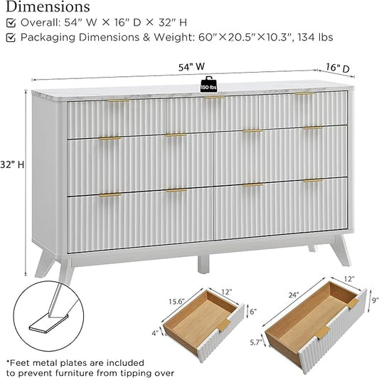 T4TREAM Fluted 7 Drawers Dresser, 54" Wide Modern Chest of Drawers with Faux Marble Top, Curved Profile Design, Dresser TV Stand, Wood Drawer Organizer for Bedroom, Living Room, Hallway, Solid White