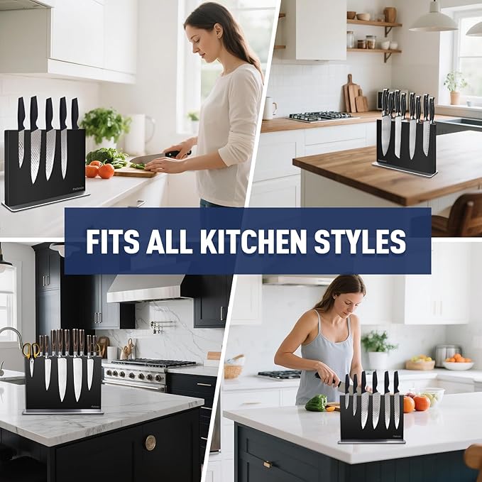 Magnetic Knife Block Without Knives—Black Stainless Steel Double-Sided Magnetic Knife Holder Stand with Strong Magnets, Knife Storage Organizer for Kitchen Counter top