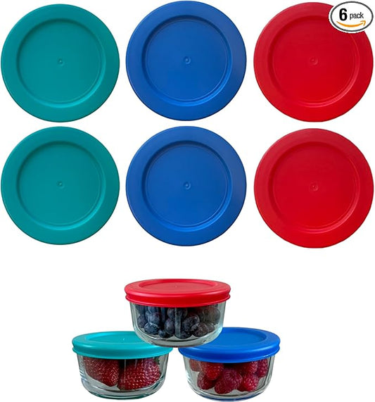 2 Cup/470 mL Turquoise, Blue, Red Replacement Lids/Covers for Pyrex 7200-PC, 16oz Anchor Hocking & Klare Ware Storage Bowls *Lids Only* - *Glass Container Not Included* (6 Pack, Turquoise/Blue/Red)