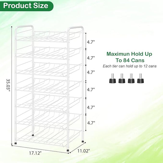 Vrisa Can Organizer for Pantry 7 Tier Canned Food Organizer Can Storage Rack Holds Up to 84 Cans Rolling Soda Soup Vegetable Can Goods Dispenser Shelf for Kitchen Pantry Cabinet, White
