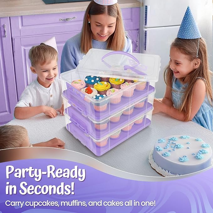Flexzion 36 Cupcake Carrier 3 Tier Stackable Storage Container Collapsible Cake Carrier with Lid and Handle, Reusable Rectangular Plastic Dessert Travel Container, Display Holder Transport Box