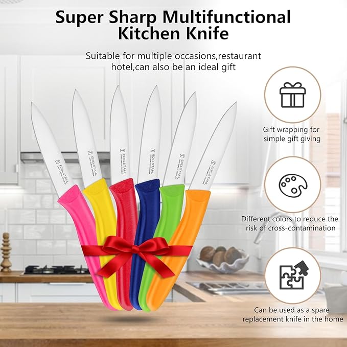 Paring Knife,Stainless Steel Paring Knives Set of 6,Sharp Vegetable&Fruit Knifes,Small Knife Set,Straight Edge Paring Knives,Ergonomic Handle Paring Knife Set,Colorful Peeling Knifes