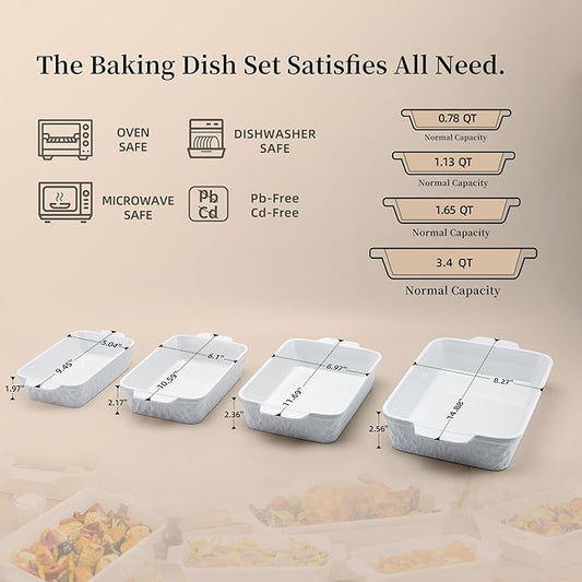 Casserole Dishes for Oven, Baking Dishes, Ceramic Bakeware Sets of 4, Rectangular Baking Pan Set with Handles for Baking, Casserole, Kitchen, Wedding Gift,White