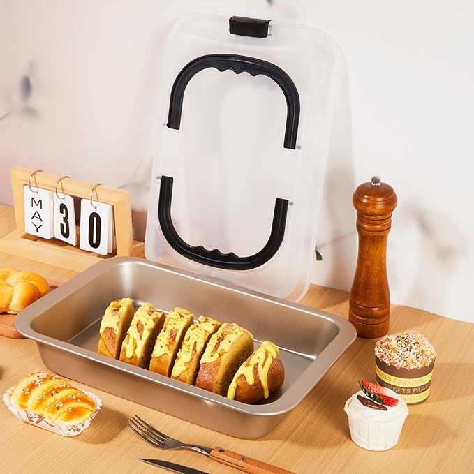 2 Pcs Cake Baking Pan with Lid and Handle, 9 x 13 Inch Non-stick Rectangle Sheet Cake Pan Carrier for Brownie Roasting Cooking Baking (Gold)